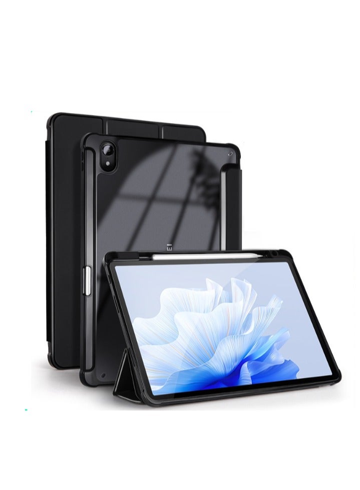 EVO Shockproof Tablet Case Compatible with Huawei MatePad SE 11 inch 2024, Slim Trifold PU Shockproof Case with Pencil Holder (Clear Black)  - Image 1