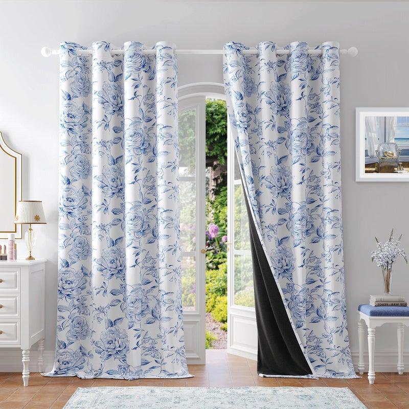 Beauoop Floral 100% Blackout Curtains 84 Inches Long 2 Panels for Bedroom Living Room Navy Blue White Farmhouse Rose Flower Patterned Room Darkening Thermal Grommet Window Treatments Drapes, 50X84 - Image 1