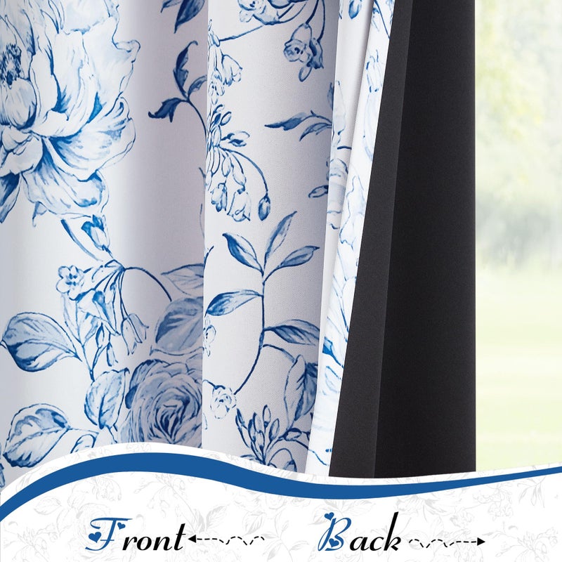 Beauoop Floral 100% Blackout Curtains 84 Inches Long 2 Panels for Bedroom Living Room Navy Blue White Farmhouse Rose Flower Patterned Room Darkening Thermal Grommet Window Treatments Drapes, 50X84 - Image 3