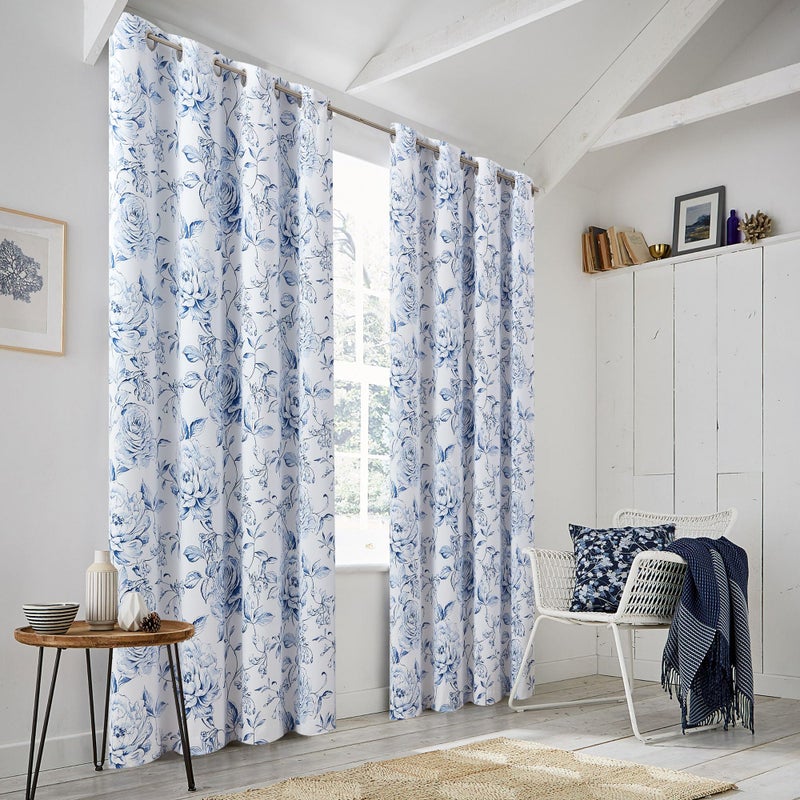 Beauoop Floral 100% Blackout Curtains 84 Inches Long 2 Panels for Bedroom Living Room Navy Blue White Farmhouse Rose Flower Patterned Room Darkening Thermal Grommet Window Treatments Drapes, 50X84 - Image 5