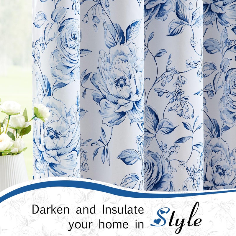 Beauoop Floral 100% Blackout Curtains 84 Inches Long 2 Panels for Bedroom Living Room Navy Blue White Farmhouse Rose Flower Patterned Room Darkening Thermal Grommet Window Treatments Drapes, 50X84 - Image 4