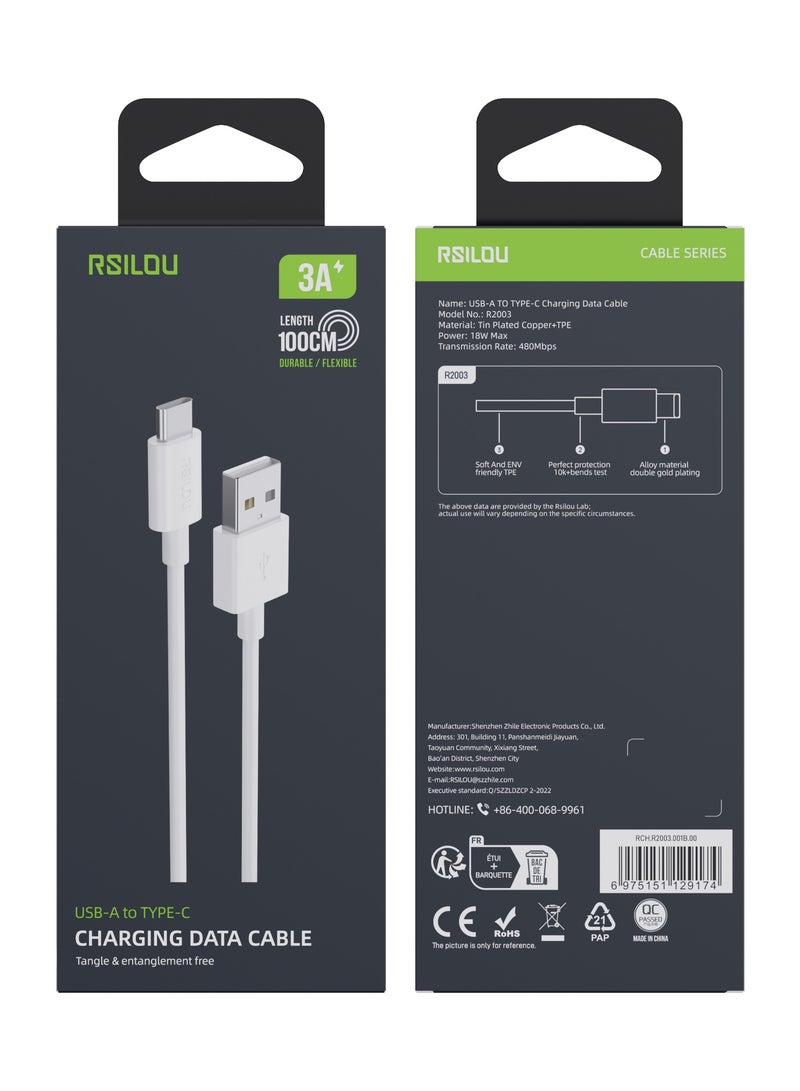 ارسيلو R2003-001 كابل USB-C إلى USB-A، 1 متر، عالي المتانة، كابل شحن ونقل بيانات، أسلاك نحاسية لنقل البيانات، أبيض - Image 3