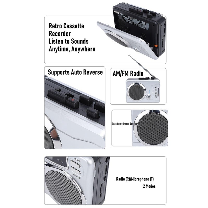 Retro Cassette Player AM FM Radio with Large Speaker Headphone Jack and Built in Microphone - Image 4
