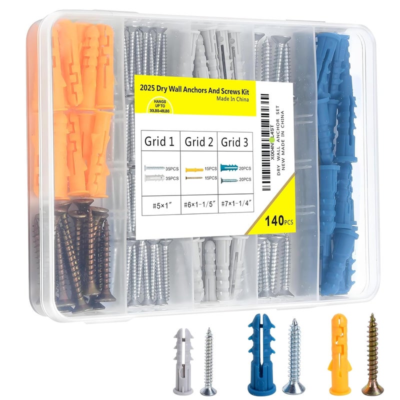 BHALCVR 140pcs Drywall Anchors and Screws Kit (3 Sizes) - Plastic Screw Anchors for Drywall & Sheetrock with Phillips Screws - Assorted Wall Anchors Set for Shelves, Mirrors, Wall Art, Home Decor - Image 1