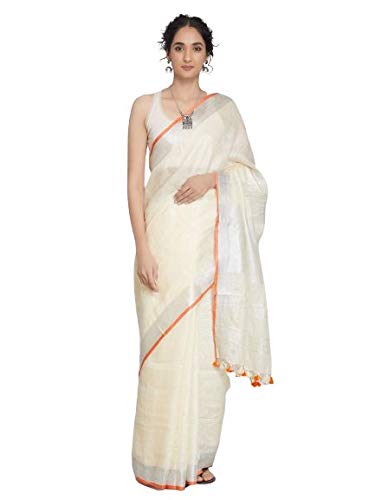 ZA HANDLOOM Women Pure Cotton Bhagalpuri Linen Slub Saree (Off-White_Mk-6) - Image 2