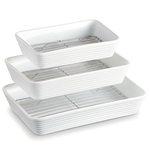 ONEMORE Baking Dishes for Oven 9x13 Large Casserole Dishes for Oven with Roasting Racks Rectangular Ceramic Baking Dish Set of 3 for Cooking Serving Deep Dish Lasagna Pan 3QT21QT13QT - Image 1