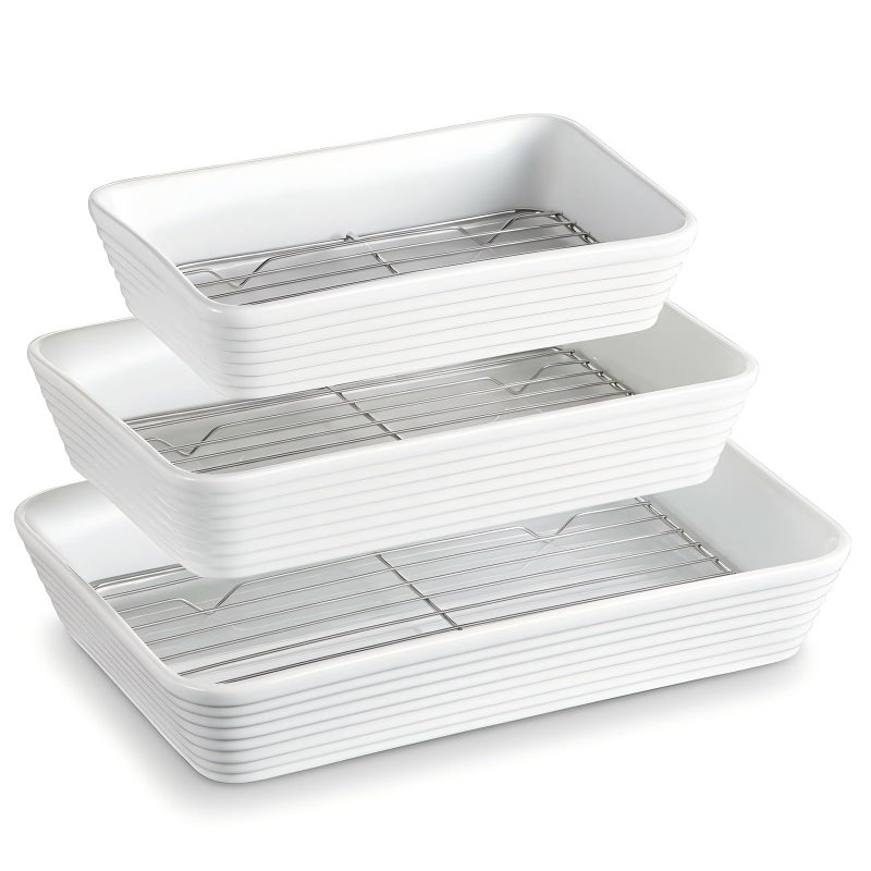 ONEMORE Baking Dishes for Oven 9x13 Large Casserole Dishes for Oven with Roasting Racks Rectangular Ceramic Baking Dish Set of 3 for Cooking Serving Deep Dish Lasagna Pan 3QT21QT13QT - Image 2