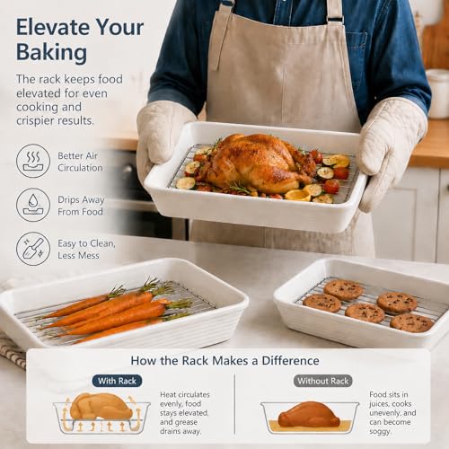 ONEMORE Baking Dishes for Oven 9x13 Large Casserole Dishes for Oven with Roasting Racks Rectangular Ceramic Baking Dish Set of 3 for Cooking Serving Deep Dish Lasagna Pan 3QT21QT13QT - Image 3