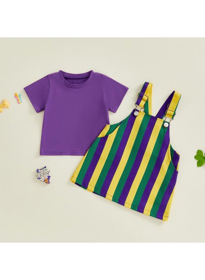 Yccutest Little Toddler Girl Mardi Gras Outfit Kids Short Sleeve T-shirt Adjustable Overall Dress Carnival Clothes For Girls, Purple, 3-4 Years - Image 3