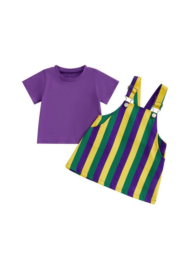 Yccutest Little Toddler Girl Mardi Gras Outfit Kids Short Sleeve T-shirt Adjustable Overall Dress Carnival Clothes For Girls, Purple, 3-4 Years - Image 1