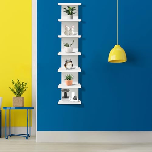 Eunika 7-Tier White Floating Wall Shelf, Tall Vertical Column Storage Organizer Modern Narrow Space Saving Design for Bedroom, Living Room, Home Decor & Display - Image 1