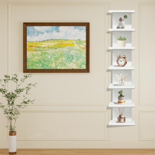 Eunika 7-Tier White Floating Wall Shelf, Tall Vertical Column Storage Organizer Modern Narrow Space Saving Design for Bedroom, Living Room, Home Decor & Display - Image 4