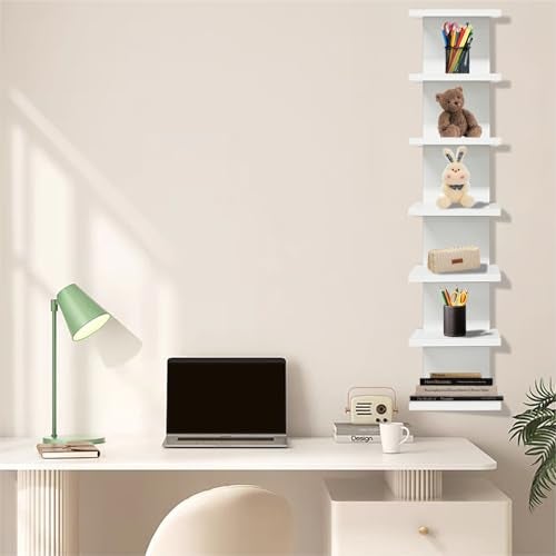 Eunika 7-Tier White Floating Wall Shelf, Tall Vertical Column Storage Organizer Modern Narrow Space Saving Design for Bedroom, Living Room, Home Decor & Display - Image 5