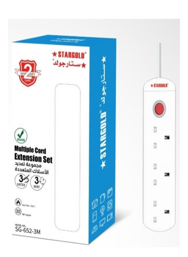ستارجولد سلك تمديد متعدد 3 اتجاهات من ستار جولد مع سلك شحن USB للحماية من الحمل الزائد، 3250 وات/13 أمبير، كابل طاقة طويل 3 متر، SG-652 3 متر أبيض - Image 1