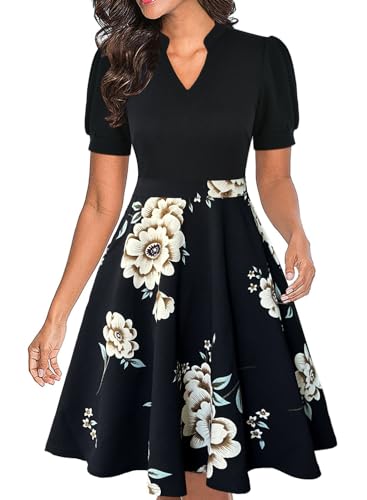 Mokayee Flattering Dresses to Hide Tummy Womens Casual Summer Black Floral Short Puff Sleeve Semi-Formal Knee Length Modest Flower Empire Waist Teacher Business Work Dresses with Pockets XL - Image 1