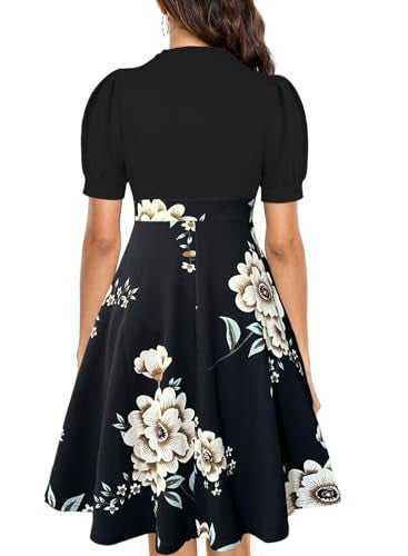 Mokayee Flattering Dresses to Hide Tummy Womens Casual Summer Black Floral Short Puff Sleeve Semi-Formal Knee Length Modest Flower Empire Waist Teacher Business Work Dresses with Pockets XL - Image 2