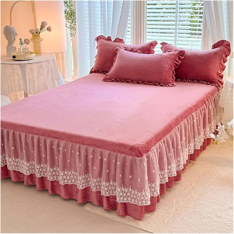Ruffle Bed Skirt 3 Pieces Warm Bed Cover Ruffles Bed Linen Skin-Friendly Bed Skirt Winter Bedding Home Bedspread(Color 5,150x200cm) - Image 1
