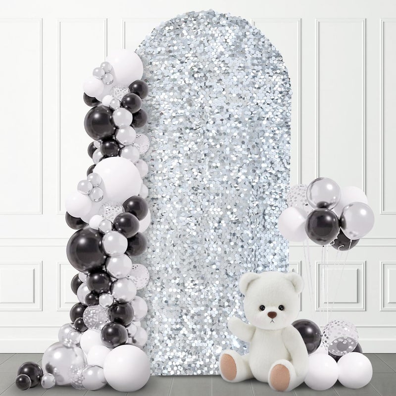 SaitiMade 7.2 FT Bling Arch Backdrop Cover, Silver Sequin Wedding Arch Stand Cover, Round Top Fitted Chiara Backdrop Cover for Birthday Party Ceremony Baby Shower Banquet Decoration - Image 1