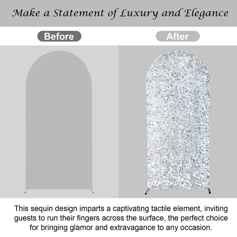 SaitiMade 7.2 FT Bling Arch Backdrop Cover, Silver Sequin Wedding Arch Stand Cover, Round Top Fitted Chiara Backdrop Cover for Birthday Party Ceremony Baby Shower Banquet Decoration - Image 4