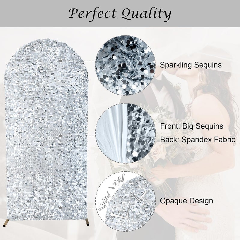 SaitiMade 7.2 FT Bling Arch Backdrop Cover, Silver Sequin Wedding Arch Stand Cover, Round Top Fitted Chiara Backdrop Cover for Birthday Party Ceremony Baby Shower Banquet Decoration - Image 3