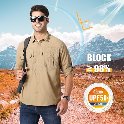 MAGCOMSEN قمصان MAGCOMSEN UV للرجال بأكمام طويلة قمصان صيد قمصان عمل للرجال قمصان مشي سريعة الجفاف قمصان تكتيكية كاكي L - Image 3