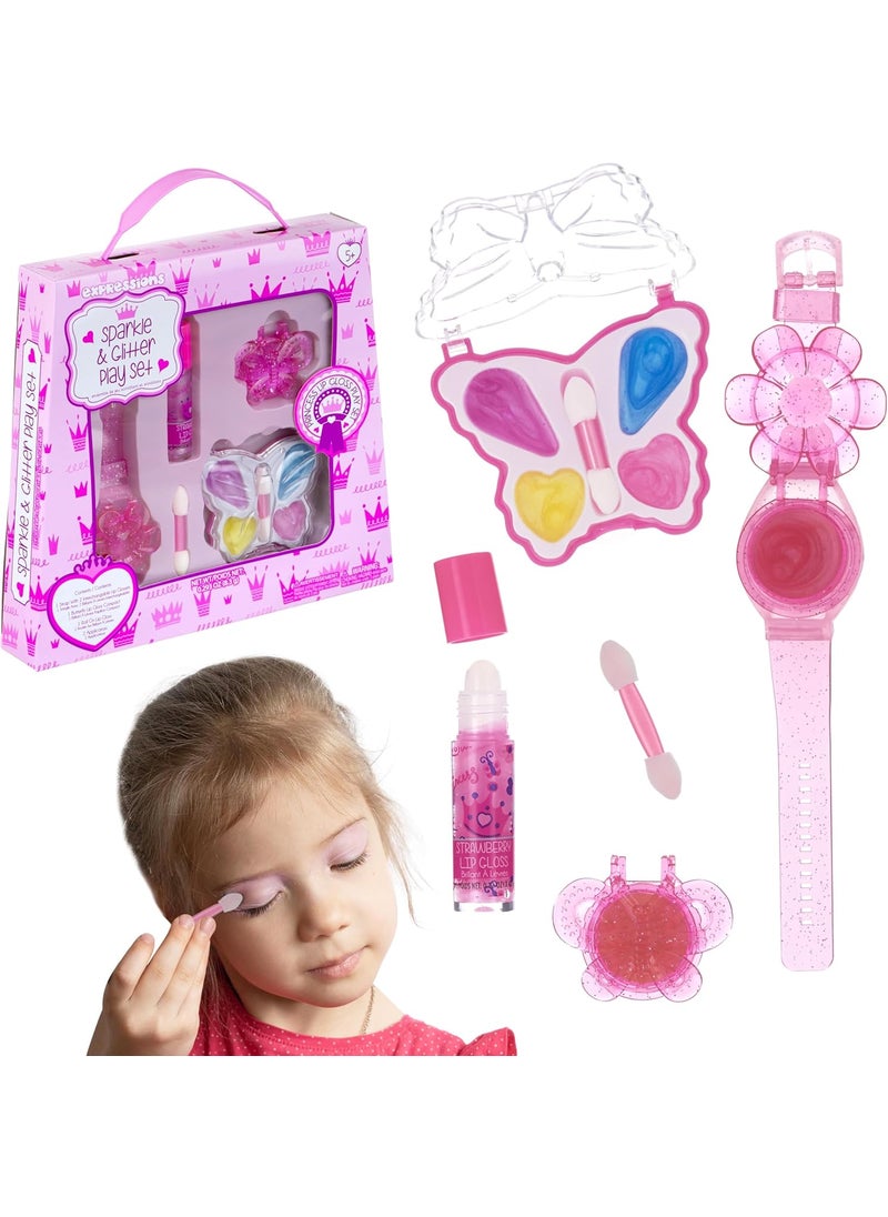 Expressions Expressions  4pc Cosmetic Kit w Lip Gloss Watch Butterfly Lip Gloss  Eyeshadow Palette Collection Kids Makeup Kit for Girls Washable  Non Toxic 