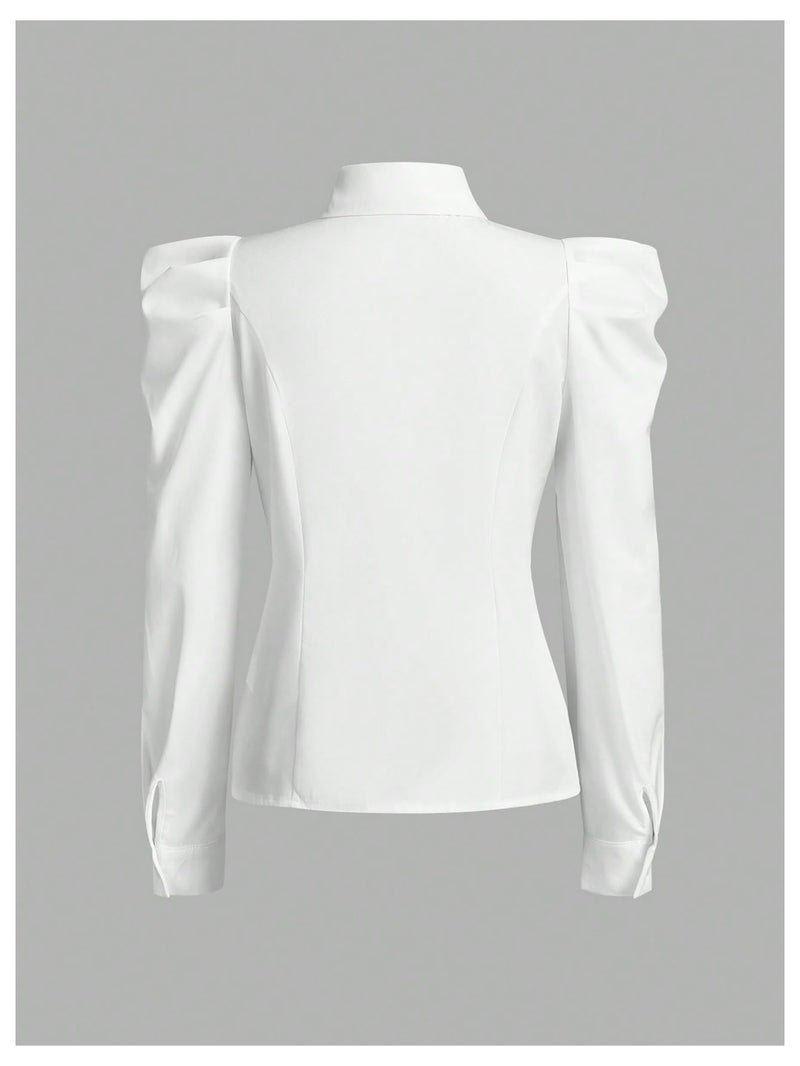 Floerns Women's Elegant Puff Long Sleeve Collared Shirts Button Down Dressy Blouse Top White Medium - Image 3