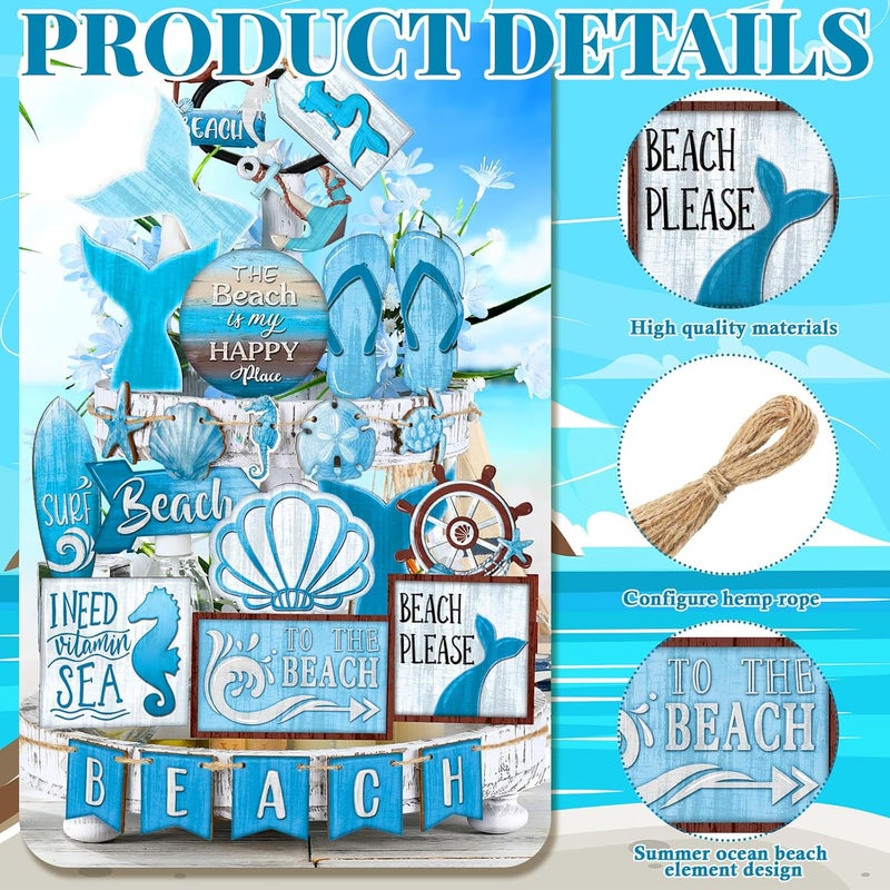 Seeloowy 26 Pcs Summer Beach Tiered Tray Decoration Summer Wood Signs Beach Kitchen Decoration Rustic Farmhouse Tiered Tray Table Decorations for Home Party - Image 4