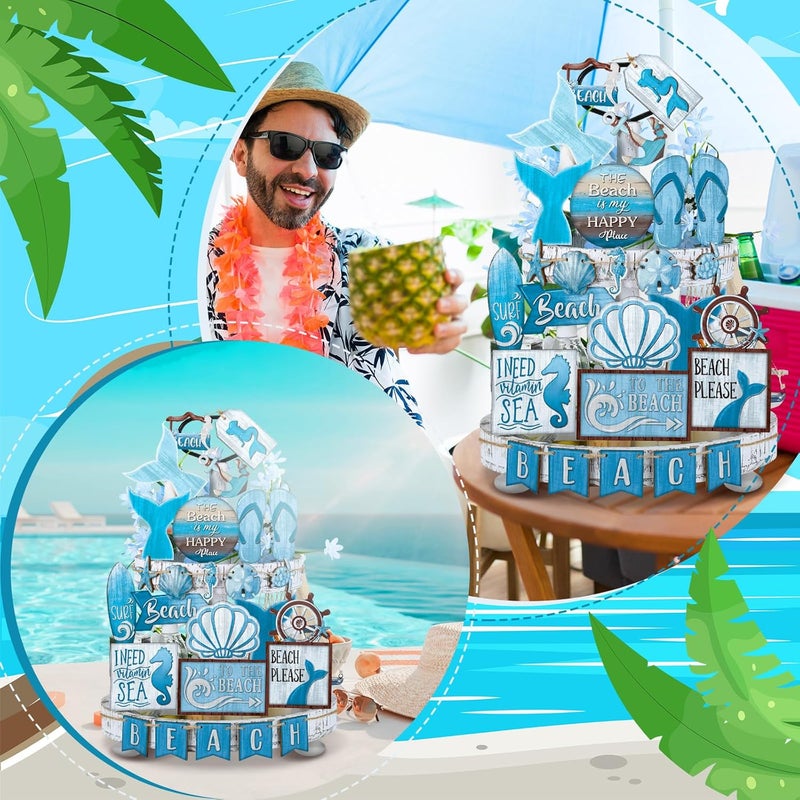 Seeloowy 26 Pcs Summer Beach Tiered Tray Decoration Summer Wood Signs Beach Kitchen Decoration Rustic Farmhouse Tiered Tray Table Decorations for Home Party - Image 5