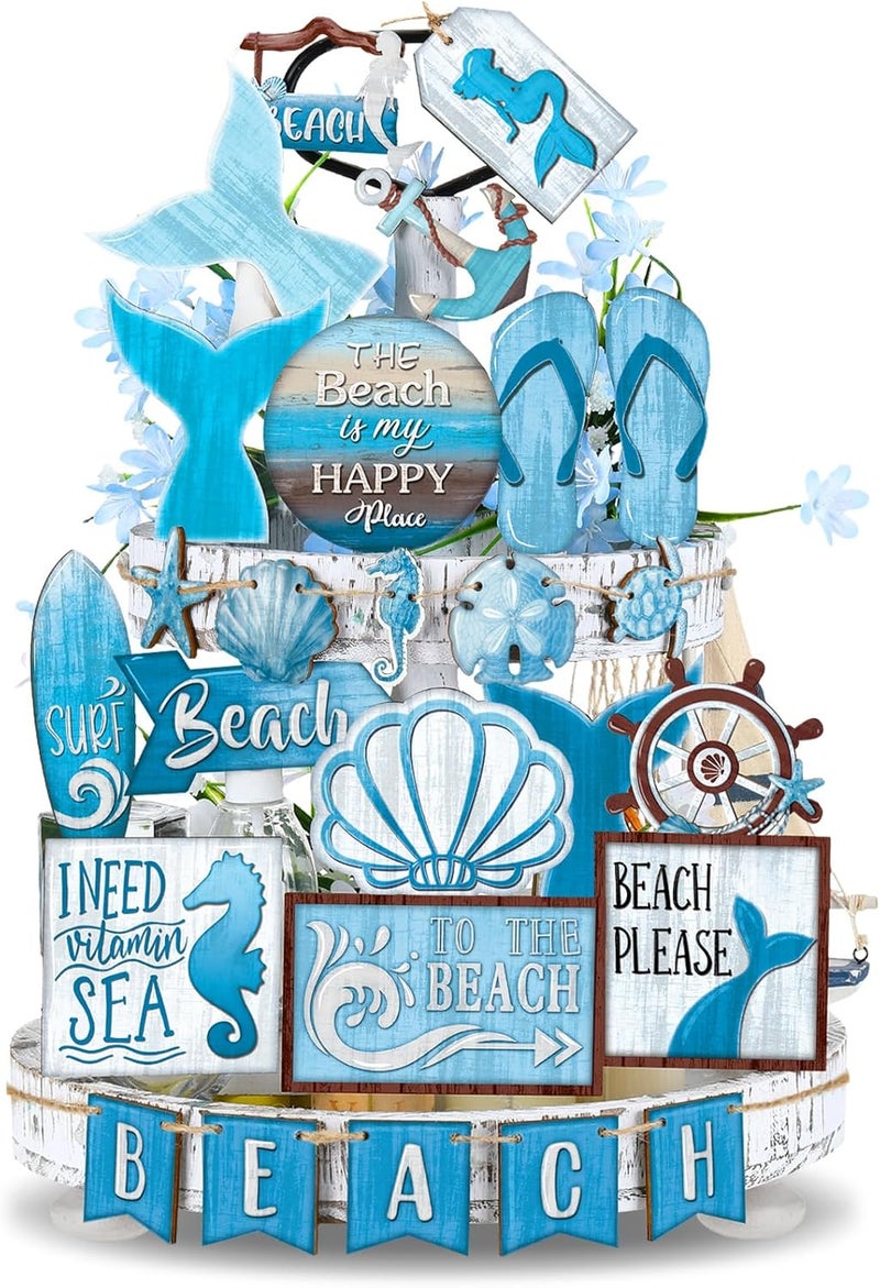 Seeloowy 26 Pcs Summer Beach Tiered Tray Decoration Summer Wood Signs Beach Kitchen Decoration Rustic Farmhouse Tiered Tray Table Decorations for Home Party - Image 1