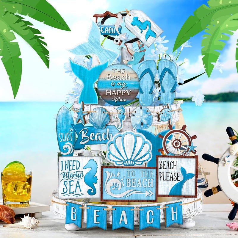 Seeloowy 26 Pcs Summer Beach Tiered Tray Decoration Summer Wood Signs Beach Kitchen Decoration Rustic Farmhouse Tiered Tray Table Decorations for Home Party - Image 2
