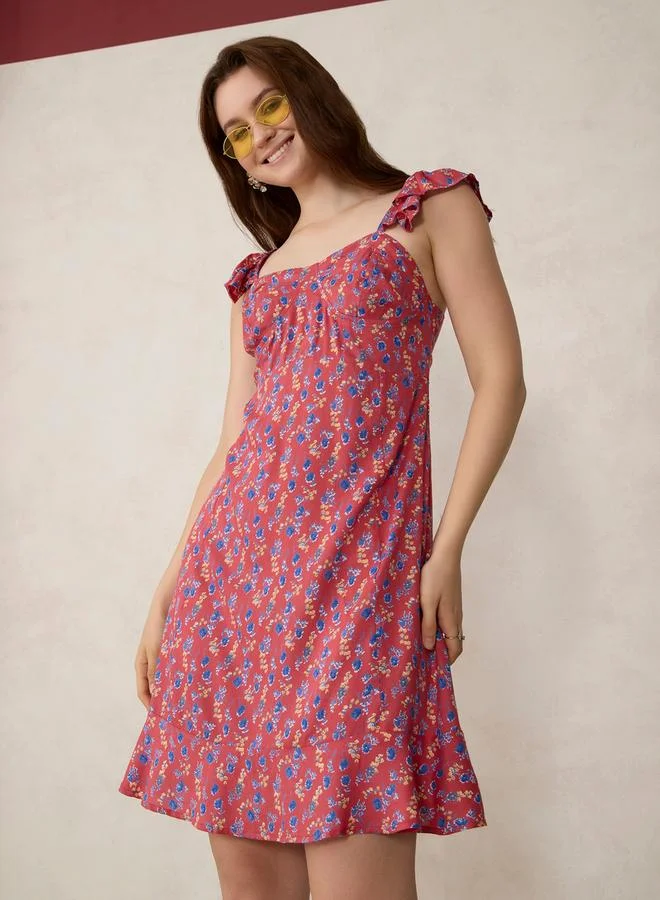 Outzidr  Red Floral Print Mini Dress for Women | Best Price UAE