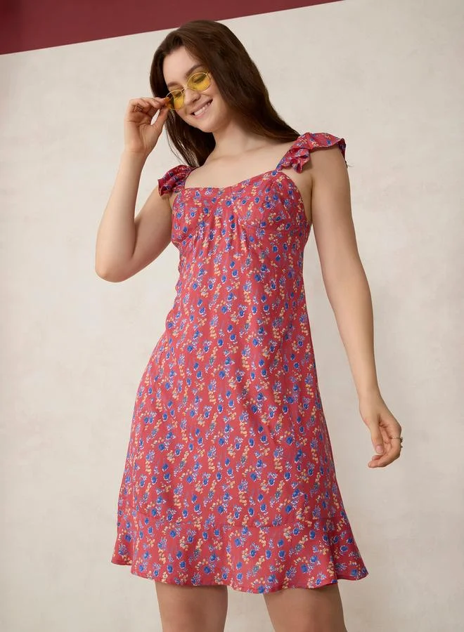Outzidr  Red Floral Print Mini Dress for Women | Best Price UAE