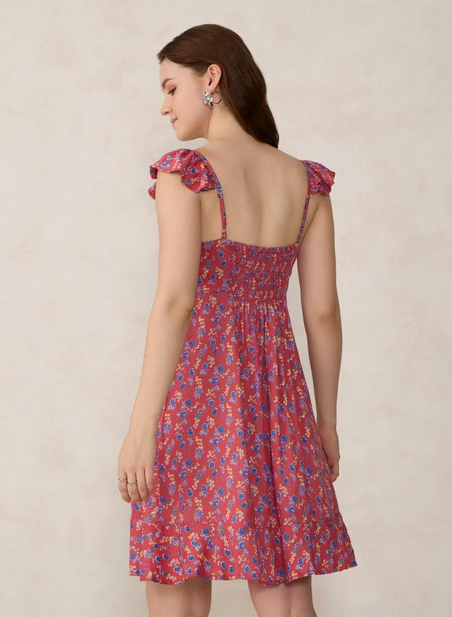 Outzidr  Red Floral Print Mini Dress for Women | Best Price UAE