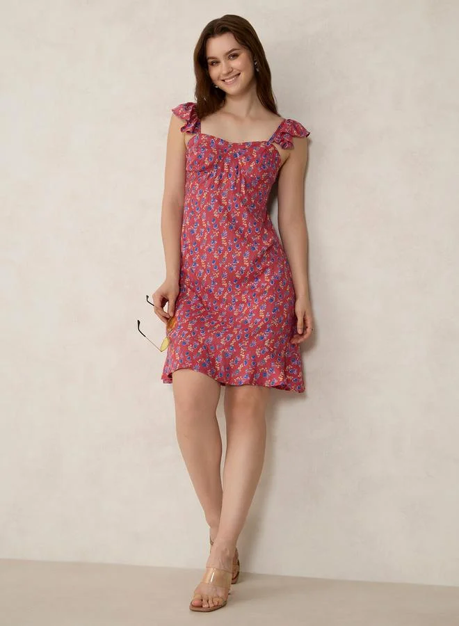 OUTZIDR Red Floral Print Mini Dress