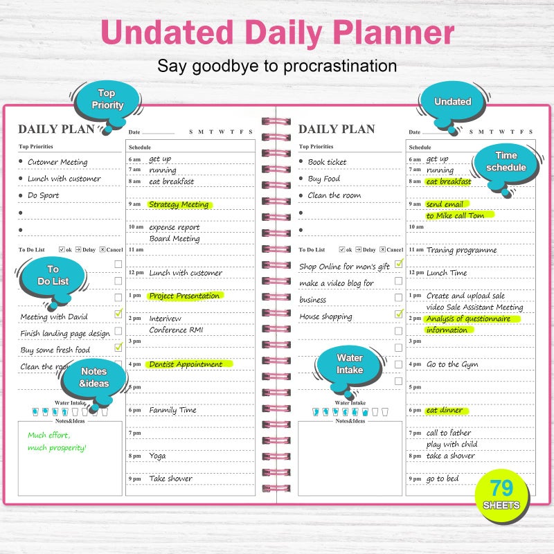 ASTEN Daily Planner Undated, Asten To Do List Notebook Hourly Schedules Spiral Appointment Planner for Men and Women,PVC Hardcover,Elastic Closure, Inner Pocket 8.3" x 5.8" (Pink) - Image 2