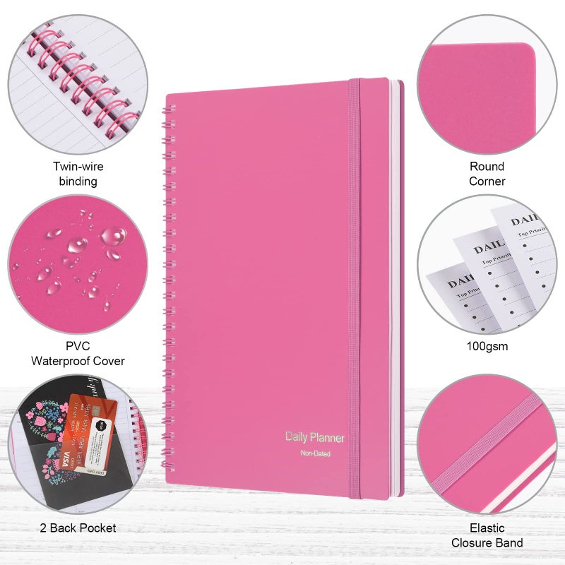 ASTEN Daily Planner Undated, Asten To Do List Notebook Hourly Schedules Spiral Appointment Planner for Men and Women,PVC Hardcover,Elastic Closure, Inner Pocket 8.3" x 5.8" (Pink) - Image 4