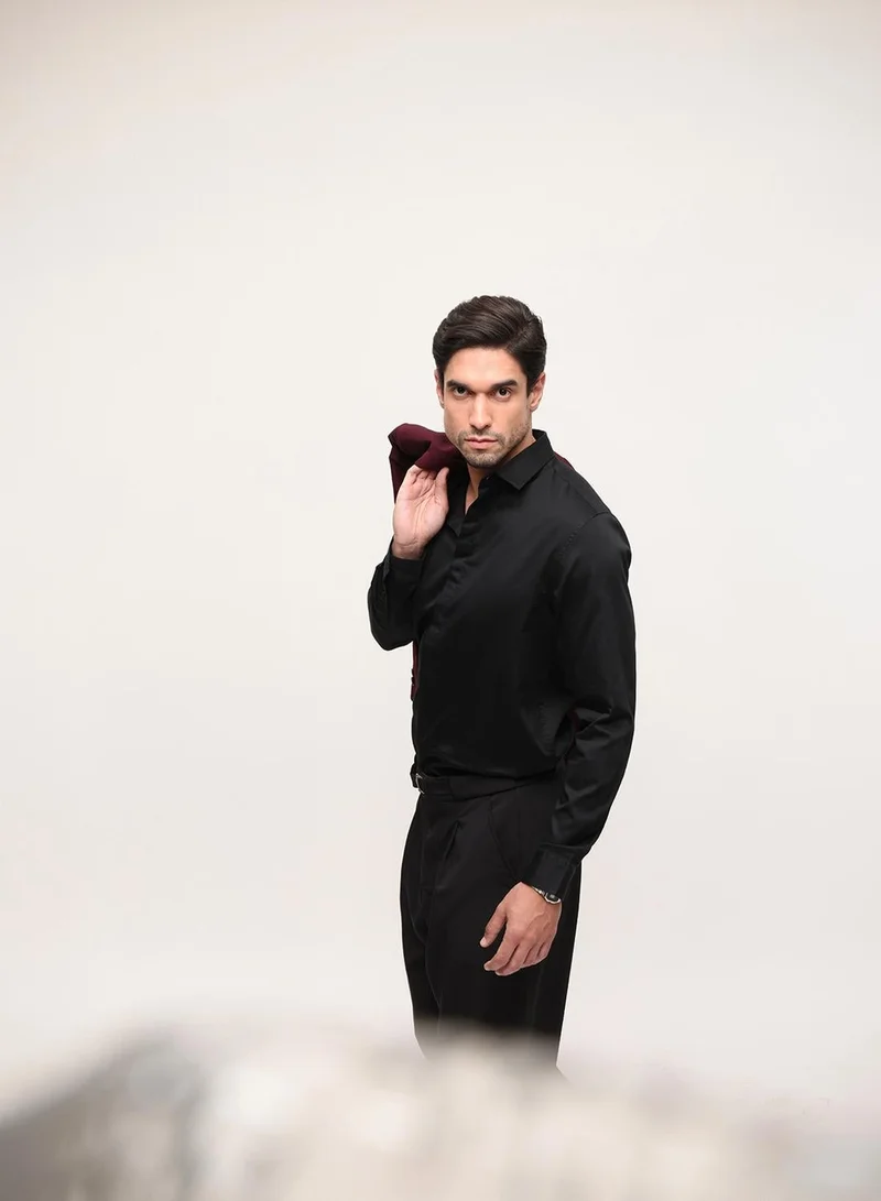 Dennis Lingo Jet Black Satin Solid Print Button Down Slim Fit Shirt For Men