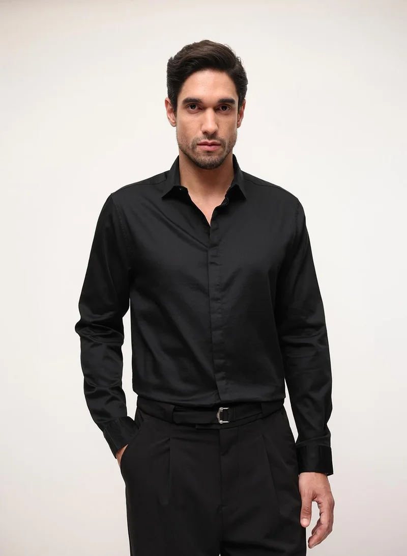 Dennis Lingo Jet Black Satin Solid Print Button Down Slim Fit Shirt For Men