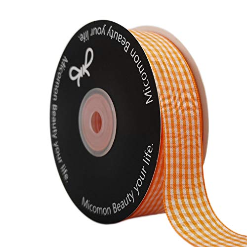 Micomon Orange Gingham Plaid Checked Ribbon 25 Yard Each Roll 100% Polyester (1", Orange) - Image 1