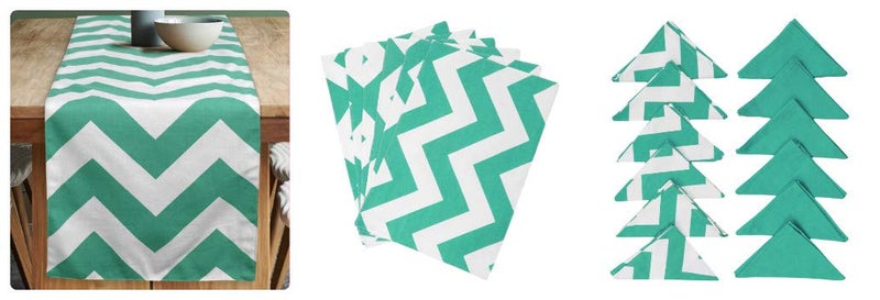 Dekor World Chevron Printed Aqua Table Runner with 6 Pcs Place Mat and Napkin (33x180cm/33x47cm/45x45cm) (Pack of 19 Pcs)-6 Seater Dining & Center Table - Image 1