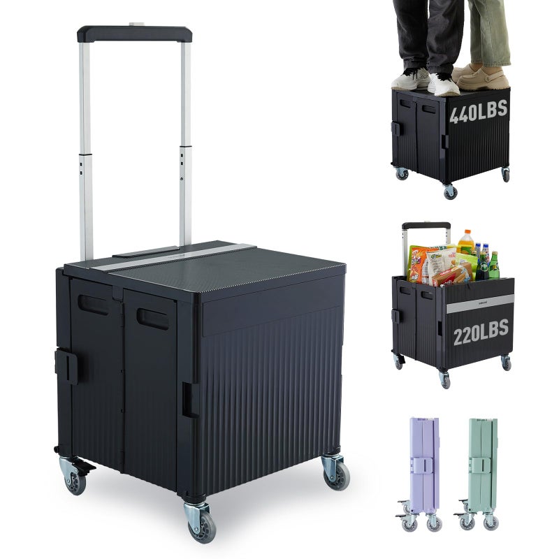 SUBICOO Folding Utility Cart Portable Rolling Crate Handcart Shopping Trolley Collapsible Tool Box, with Lid, on Rotate Wheels, for Grocery, Shopping, Office, Teacher, Camp,File (Black) - Image 1