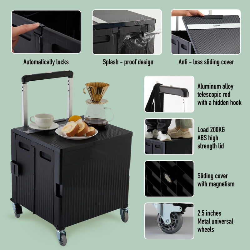SUBICOO Folding Utility Cart Portable Rolling Crate Handcart Shopping Trolley Collapsible Tool Box, with Lid, on Rotate Wheels, for Grocery, Shopping, Office, Teacher, Camp,File (Black) - Image 5
