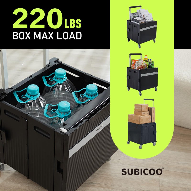 SUBICOO Folding Utility Cart Portable Rolling Crate Handcart Shopping Trolley Collapsible Tool Box, with Lid, on Rotate Wheels, for Grocery, Shopping, Office, Teacher, Camp,File (Black) - Image 3