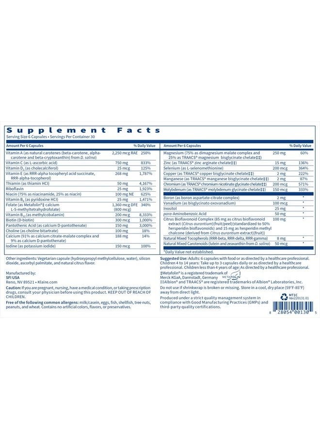 Klaire Labs - MultiThera 1 Iron-Free Multivitamin & Multimineral Capsule Formula with Essential Micronutrients - High Potency with Bioactive Folate & B12 - No Iron (180 Capsules) - Image 1