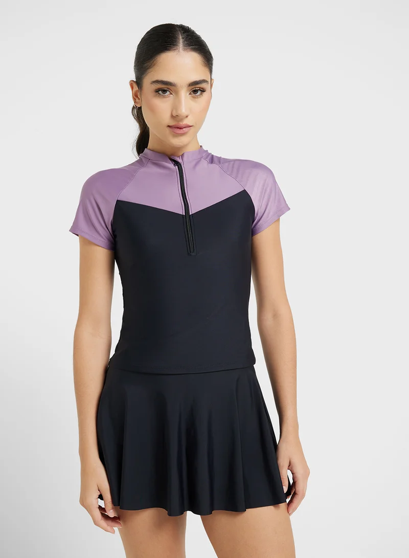 FRWD Zip Up Colorblock Swimsuit Dress With Under Short