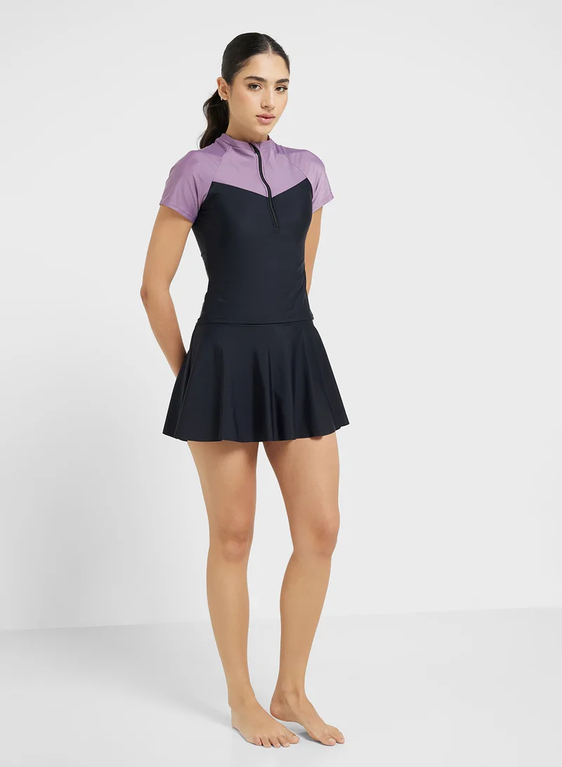 FRWD Zip Up Colorblock Swimsuit Dress With Under Short