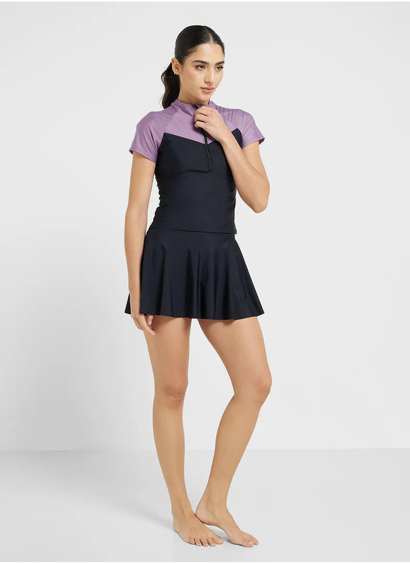 FRWD Zip Up Colorblock Swimsuit Dress With Under Short