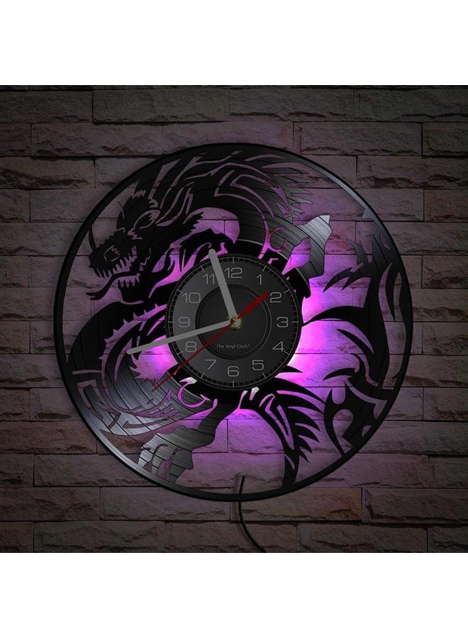 Timethink 12 Inch Dragon LED Wall Clock with 7 Colors Changing, Silent Non Ticking Vintage Flying Evil Dragon Spiritual Symbol Fantasy Vinyl Record Wall Clock Watch for Living Room Bedroom Decor - Image 1