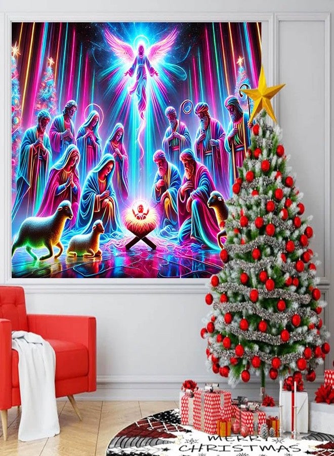 BlissYard Christmas Nativity Scene BlackLight Tapestry UV Reactive Neon Holy Family Angel Shepherds Lambs Wall Hanging 78x59 Inch Psychedelic Religious Decoration For Bedroom Living Room Church Party - Image 1
